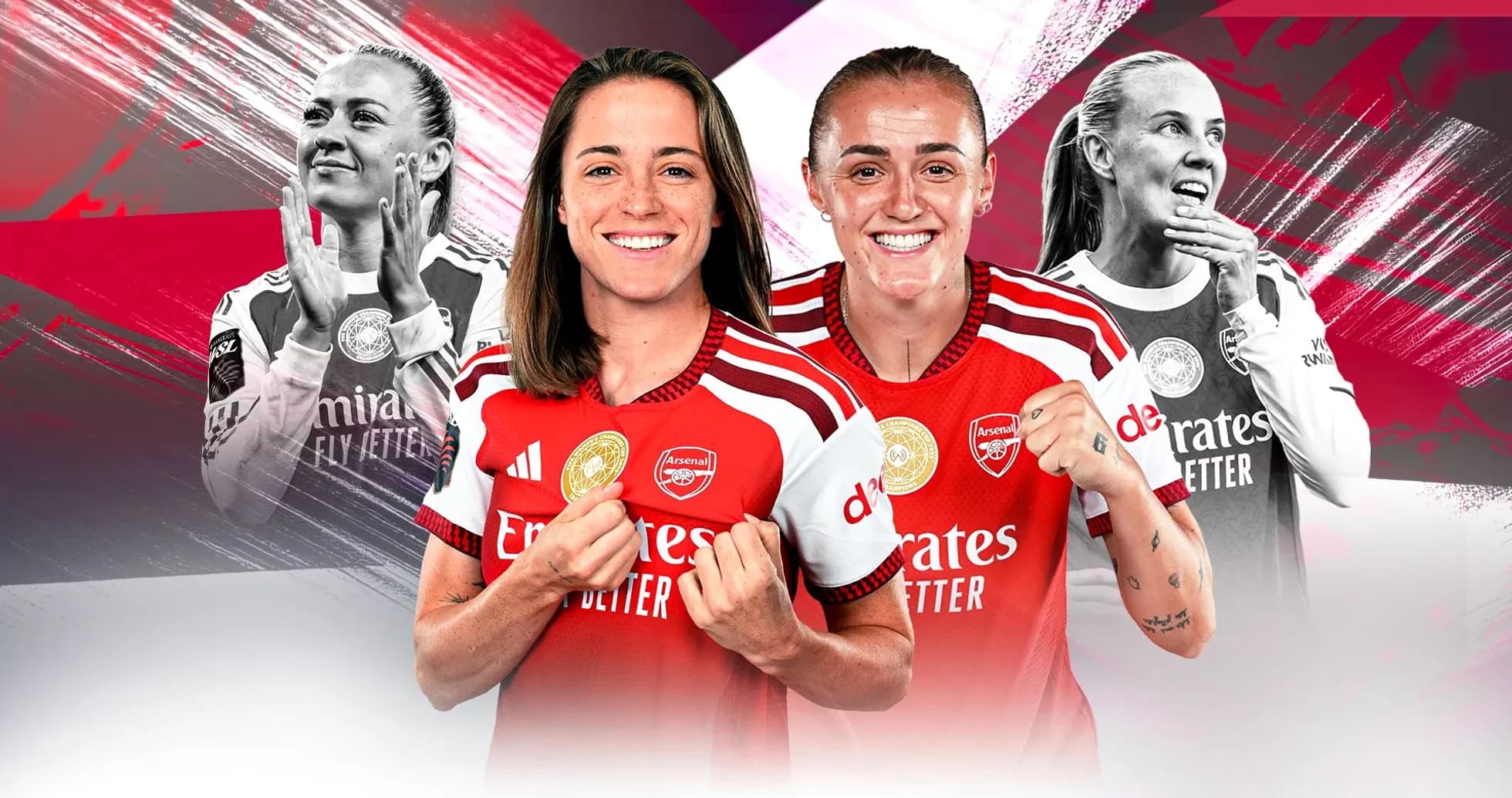 Arsenal women's players celebrating in team jerseys Arsenal women's players celebrating in team jerseys