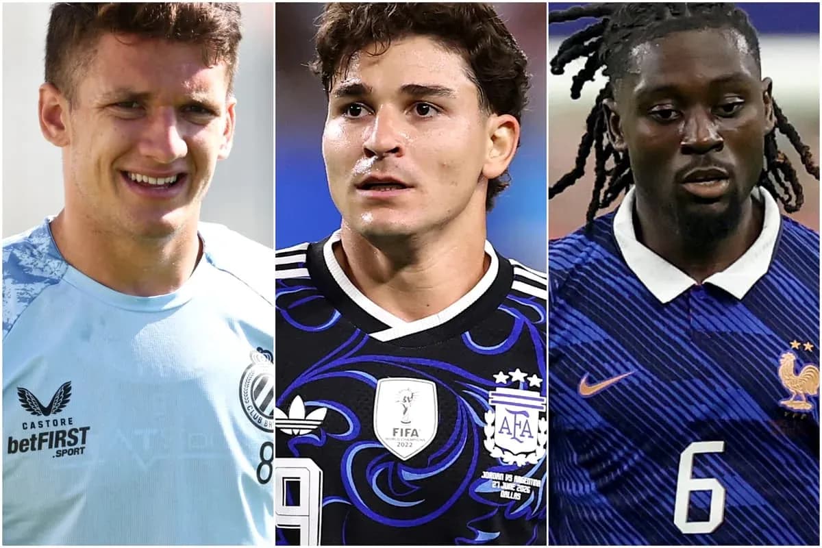 Three football players in different team jerseys Three football players in different team jerseys