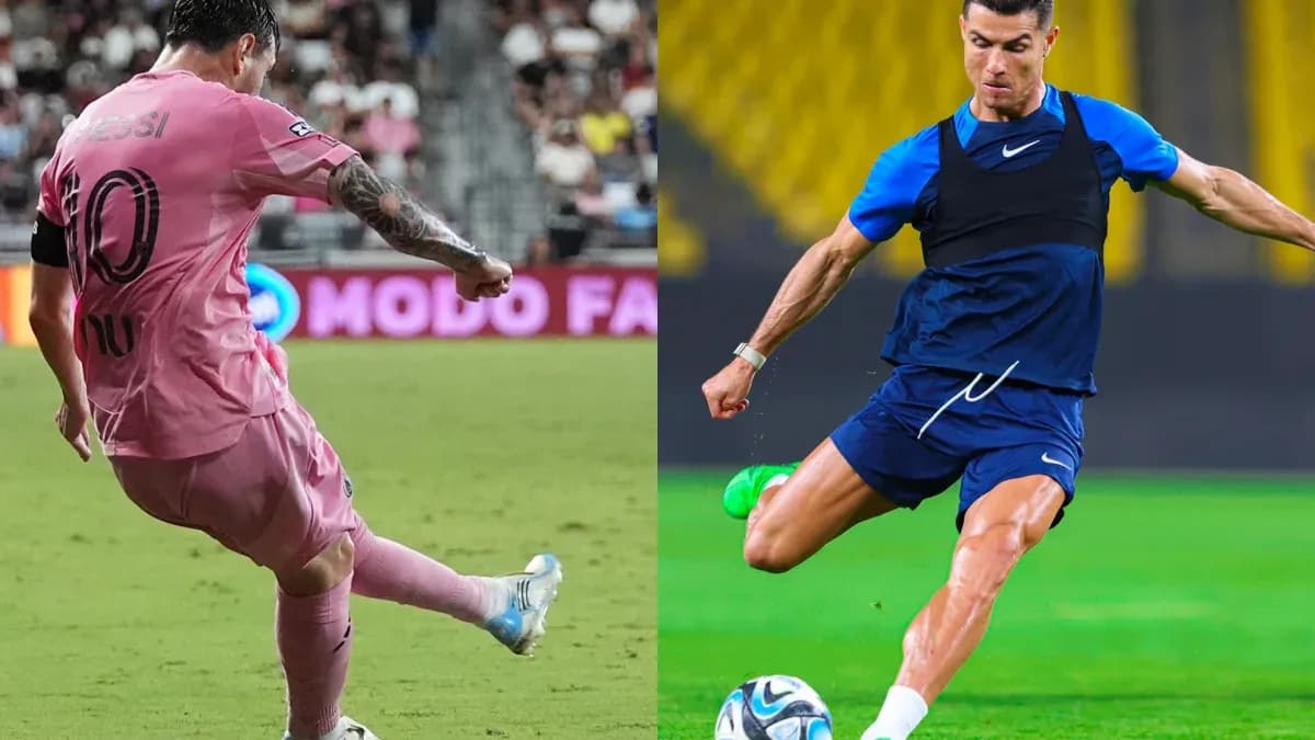 Messi and Ronaldo kicking the ball during training Messi and Ronaldo kicking the ball during training