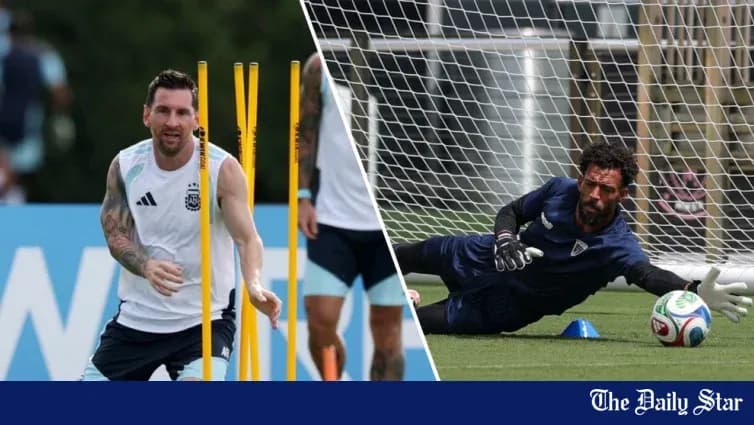 Lionel Messi training while goalkeeper practices saving Lionel Messi training while goalkeeper practices saving
