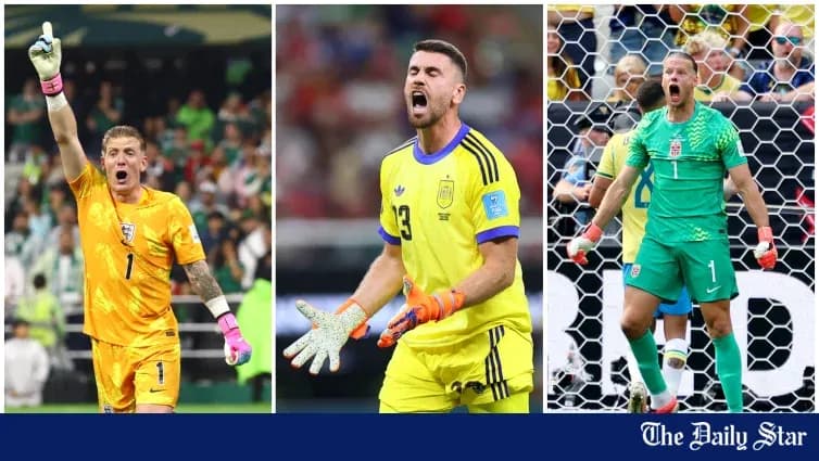 Three goalkeepers celebrating during football matches Three goalkeepers celebrating during football matches