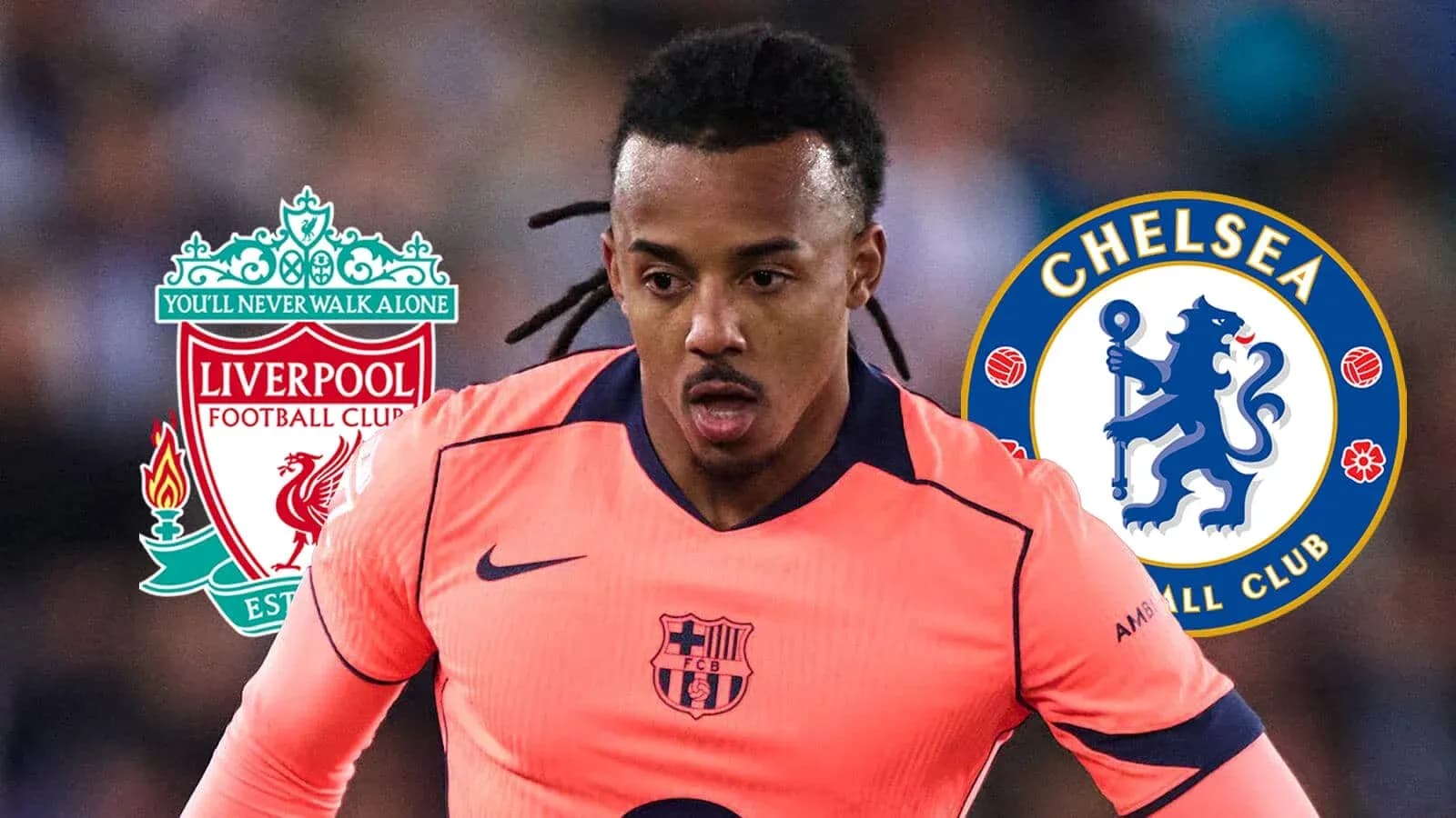 Futbolchi o'yinida harakatda, Chelsea va Liverpool logotiplari bilan Futbolchi o'yinida harakatda, Chelsea va Liverpool logotiplari bilan