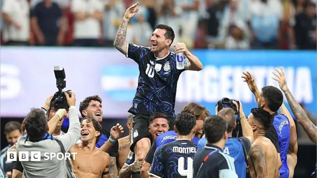 Lionel Messi celebrating with Argentina teammates after victory Lionel Messi celebrating with Argentina teammates after victory
