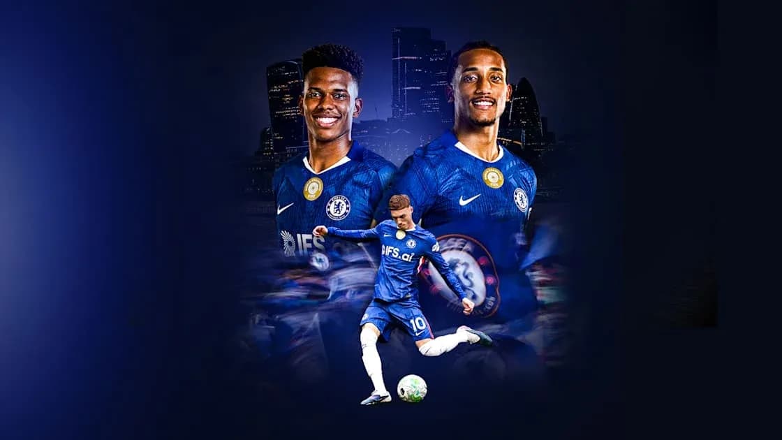 Chelsea players posing with football in blue jerseys Chelsea players posing with football in blue jerseys