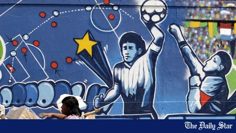 Mural depicting a soccer scene with players Mural depicting a soccer scene with players