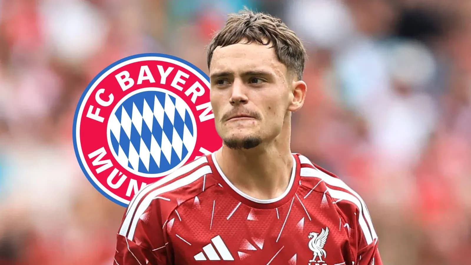 Futbolchi Liverpool formasida, Bayern Munich logosi bilan Futbolchi Liverpool formasida, Bayern Munich logosi bilan