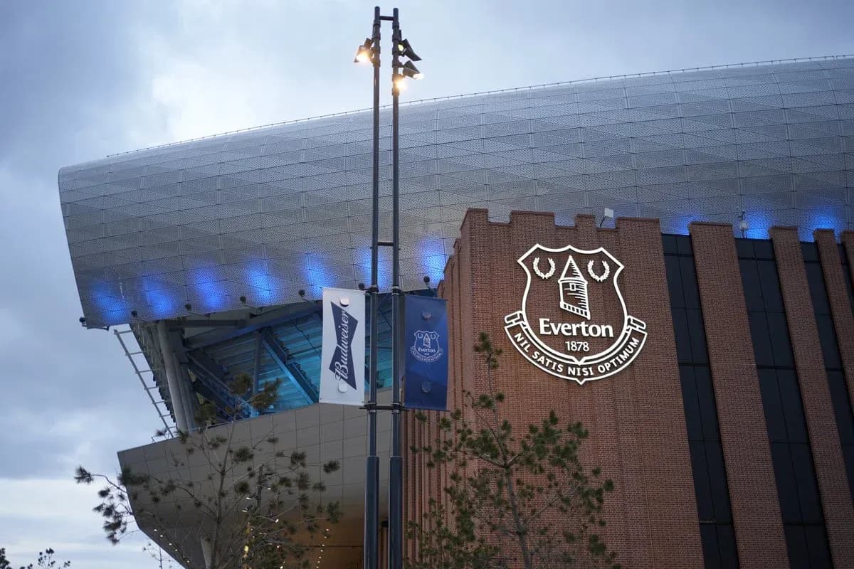 Everton Stadium exterior with club logo displayed Everton Stadium exterior with club logo displayed