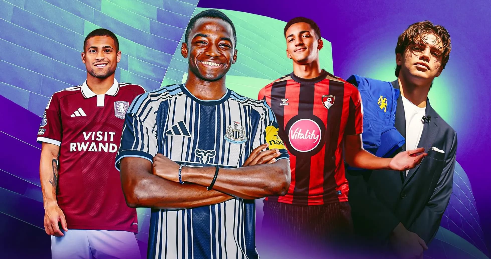 Four football players in team jerseys posing together Four football players in team jerseys posing together