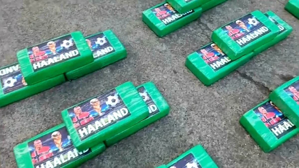 Green blocks with 'Haaland' branding on pavement Green blocks with 'Haaland' branding on pavement