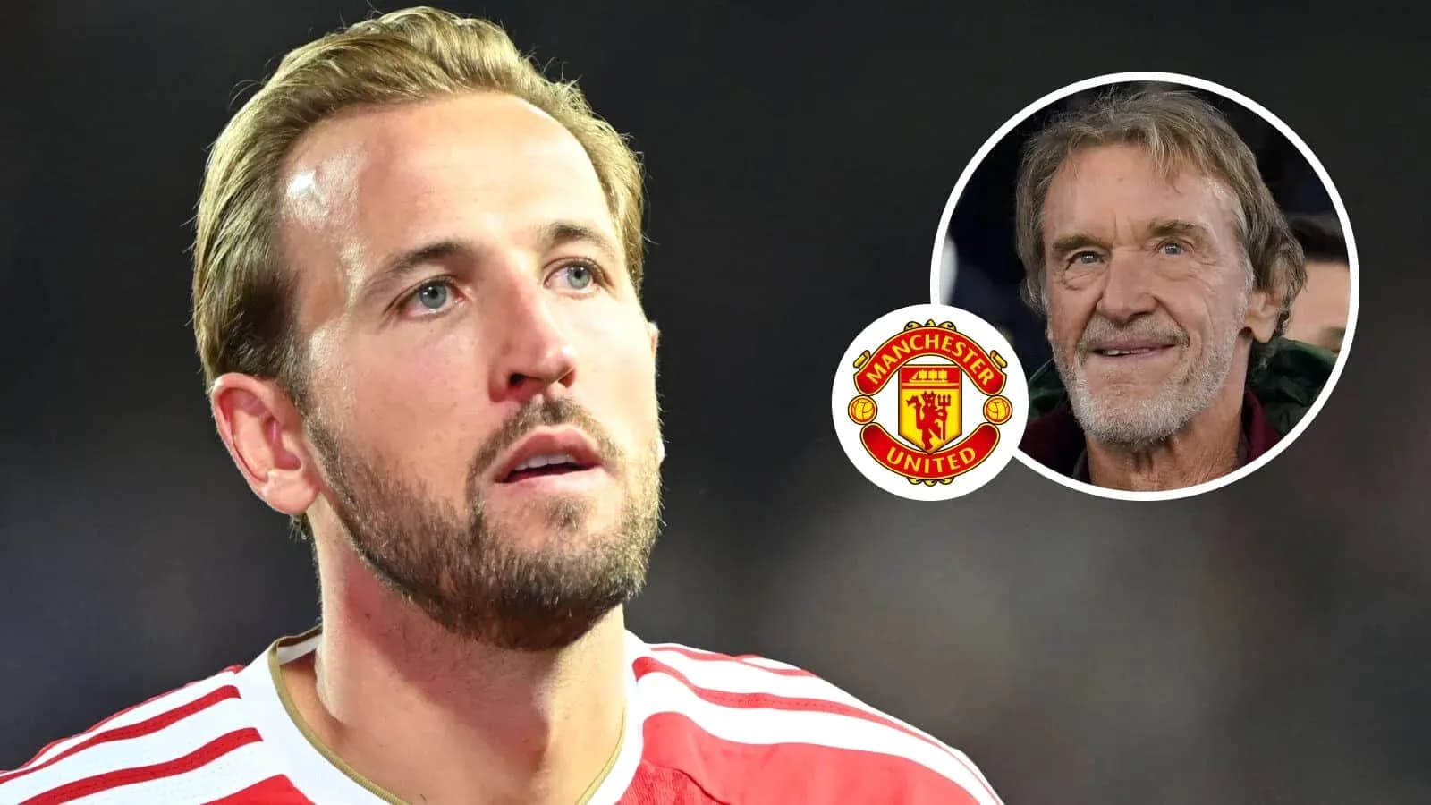 Harry Kane looking thoughtful with Manchester United logo Harry Kane looking thoughtful with Manchester United logo