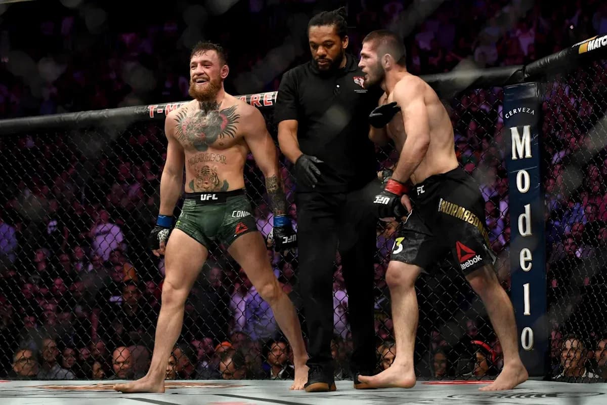 Conor McGregor and Khabib Nurmagomedov in octagon Conor McGregor and Khabib Nurmagomedov in octagon