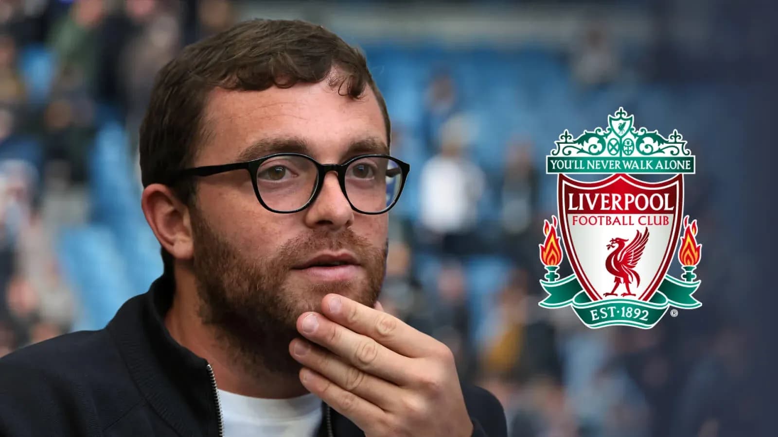 Shirted man with glasses near Liverpool FC logo Shirted man with glasses near Liverpool FC logo