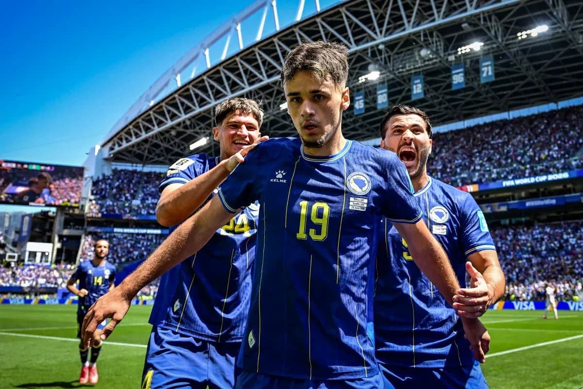Bosnia players celebrating a goal during match Bosnia players celebrating a goal during match