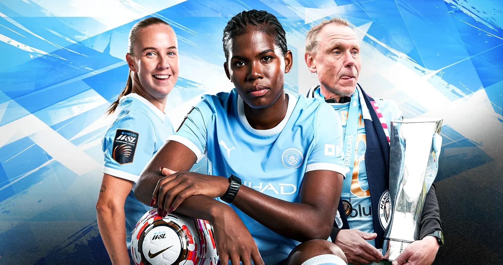 Manchester City players and coach with trophy Manchester City players and coach with trophy