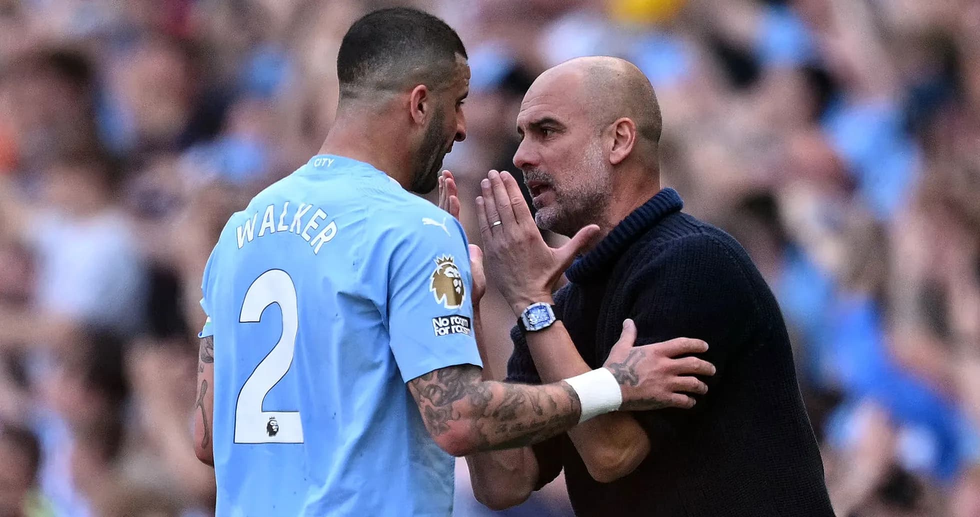 Pep Guardiola speaking with Kyle Walker during match Pep Guardiola speaking with Kyle Walker during match