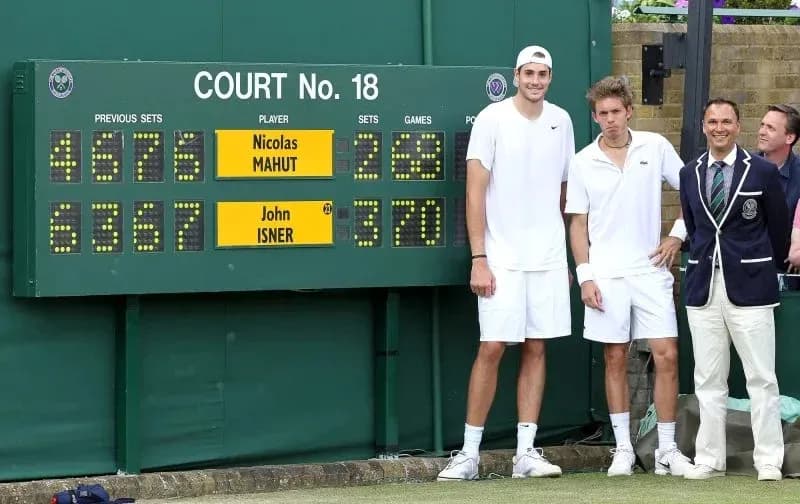 Players posing beside scoreboard at Wimbledon Court 18 Players posing beside scoreboard at Wimbledon Court 18