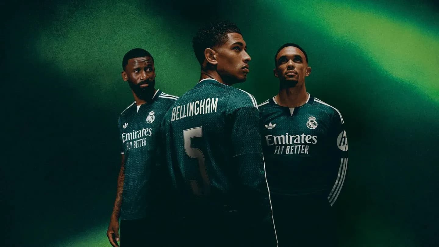 Real Madrid players in green kits posing together Real Madrid players in green kits posing together