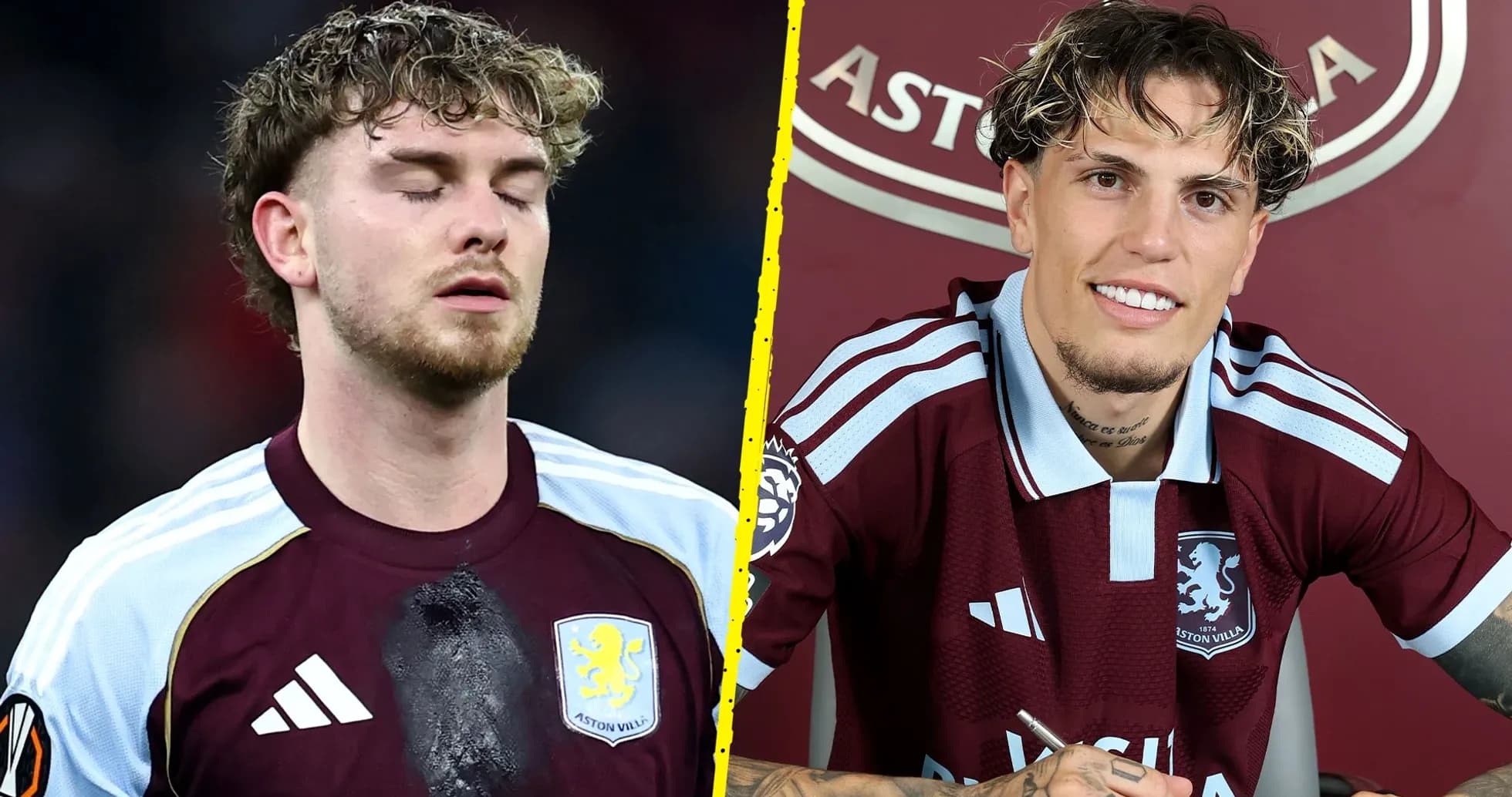 Futbolchi Aston Villa formasida, bir tomonda o'yin, boshqa tomonda imzo Futbolchi Aston Villa formasida, bir tomonda o'yin, boshqa tomonda imzo