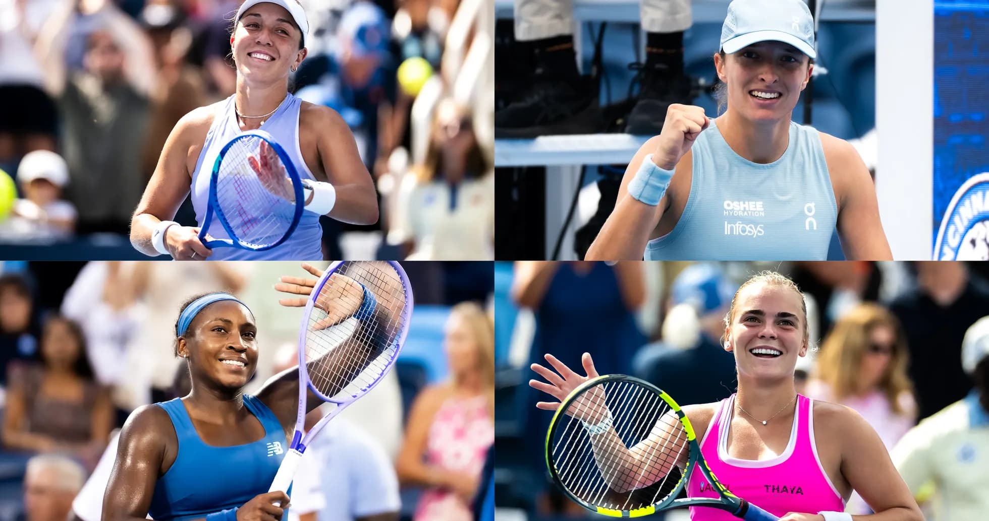 Four female tennis players celebrating after matches Four female tennis players celebrating after matches