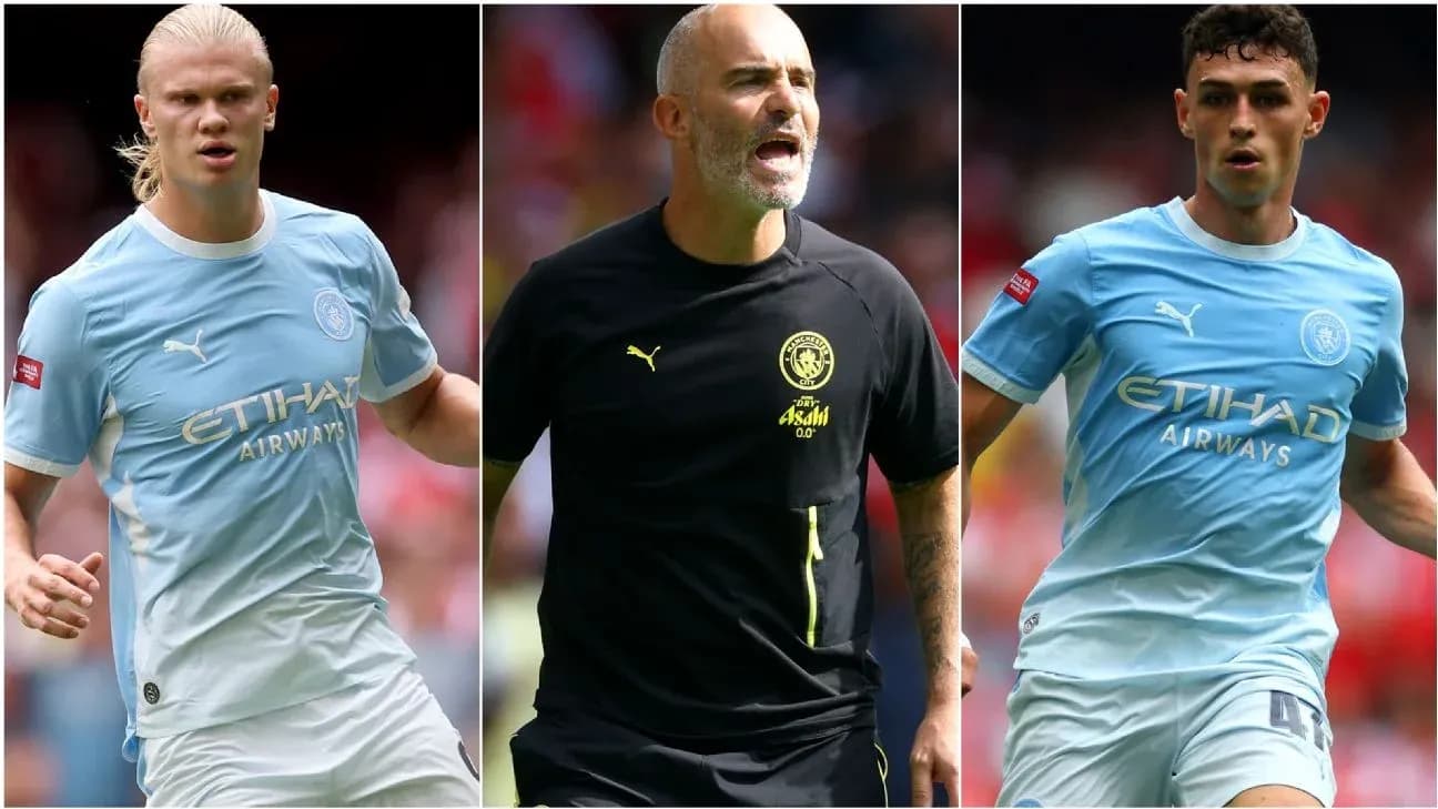 Manchester City players and manager during match Manchester City players and manager during match