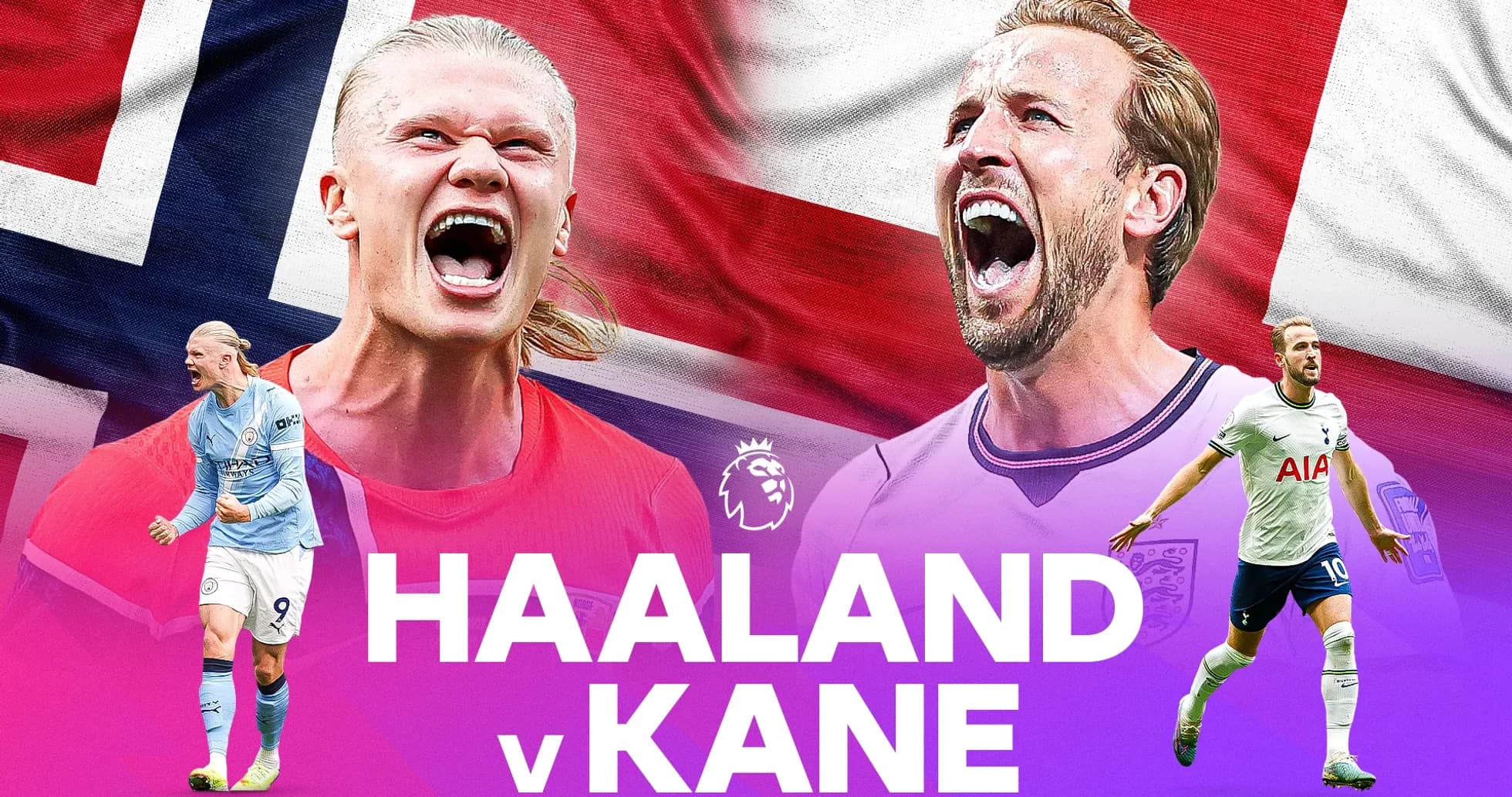 Erling Haaland and Harry Kane with national flags Erling Haaland and Harry Kane with national flags