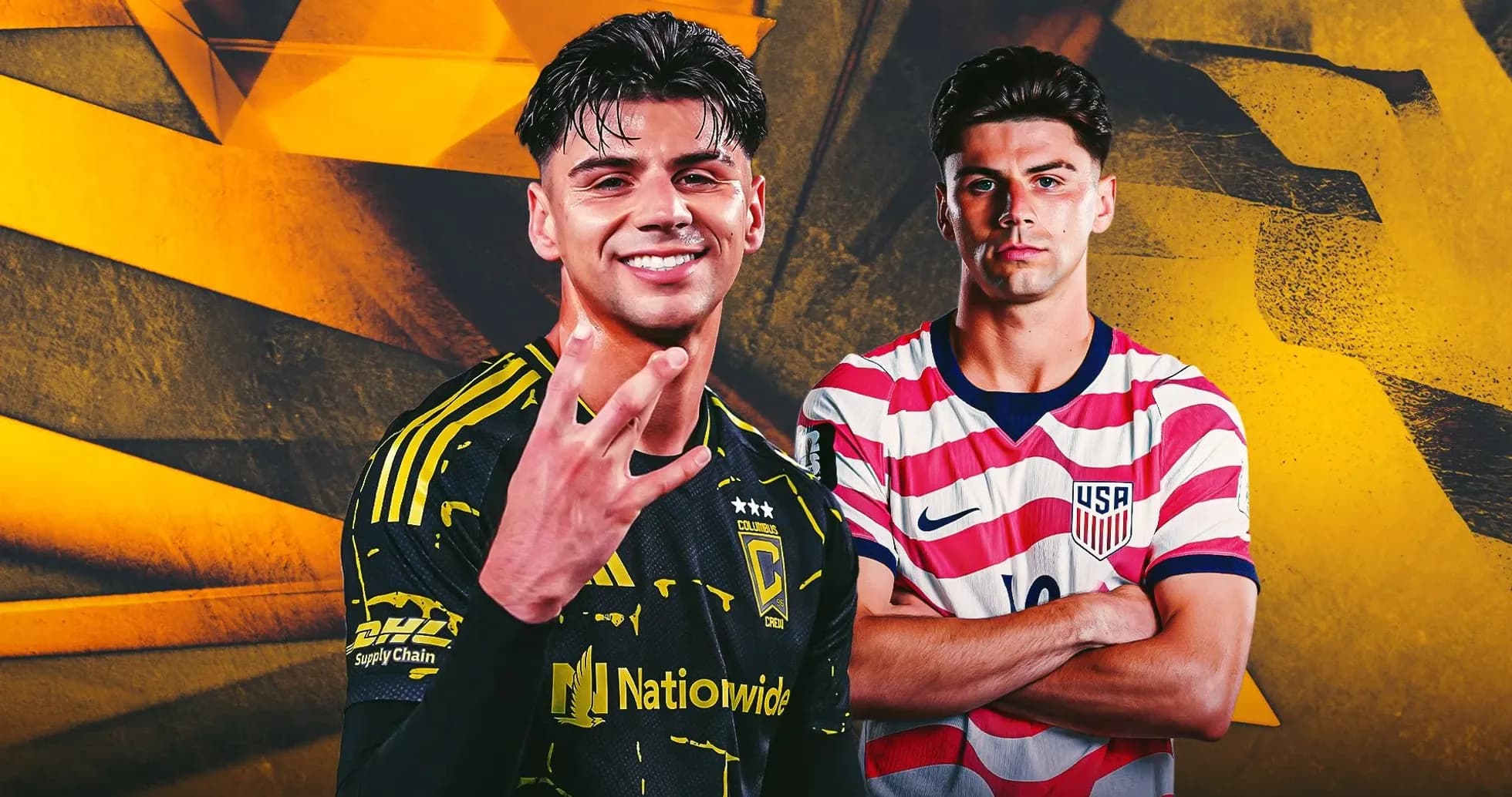 Duo posing in soccer kits with vibrant background Duo posing in soccer kits with vibrant background